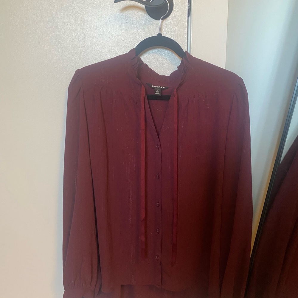 DKNY Deep Red Button-Up Blouse